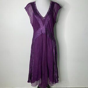 Komarov Women's Purple V-Neck Cap Short Sleeve Pleated Midi Dress Size L Fairy